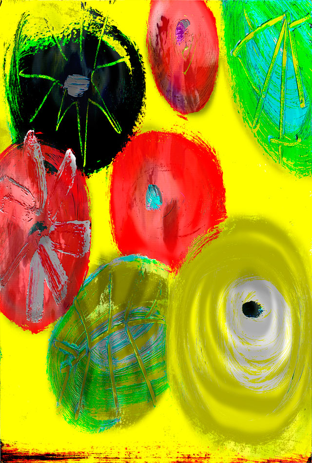 art posters, Uster, Colourful circles on yellow