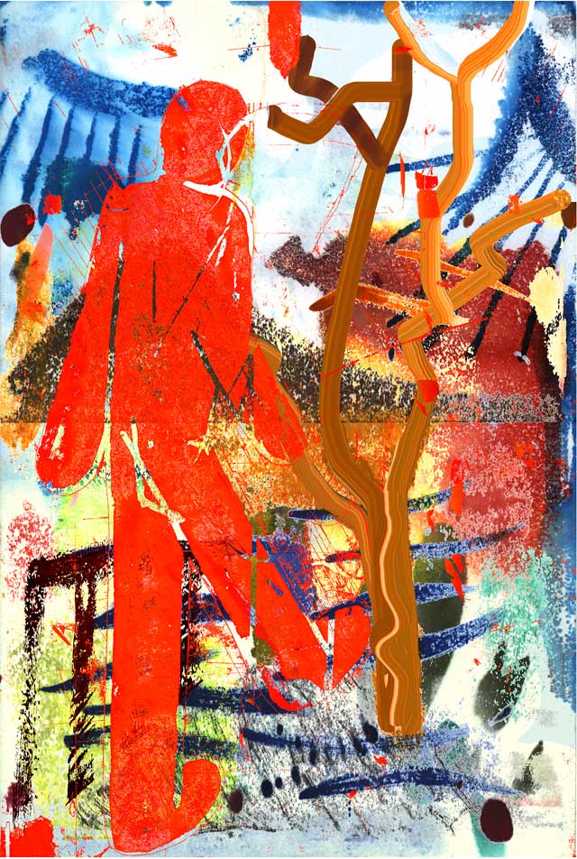 art posters, Uster, Stylized male figure with dog