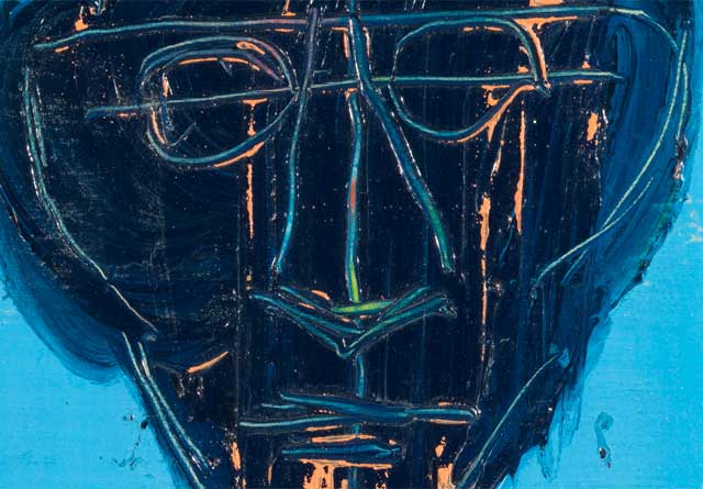 Schwarzes Männergesicht, abstrakt, Hintergrund hellblau
